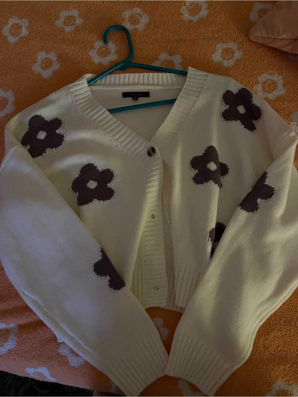 Love Tree Cream Cardigan with Purple Floral Motif